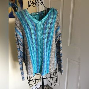 Lovestitch Turquoise Blue Striped Baja Style Sweater Hoodie So Pretty Size M/L